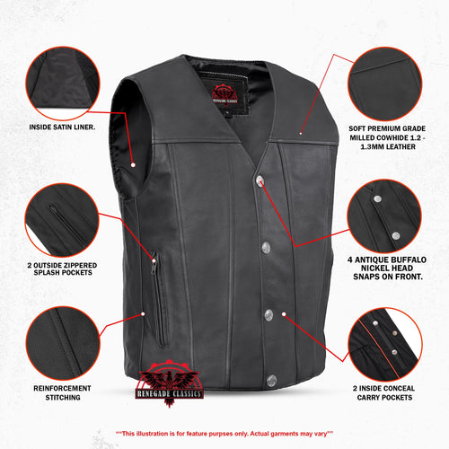 Buffalo Nickel Black Leather Vest for Men - Customizable Back & Satin Liner