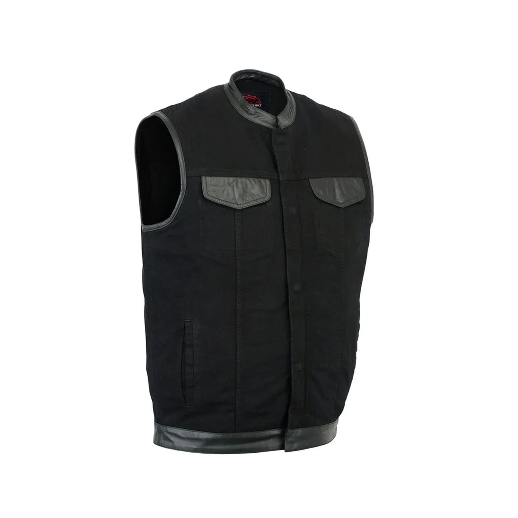 Men's Black Denim Single Panel Concealment Vest W/Leather Trim-