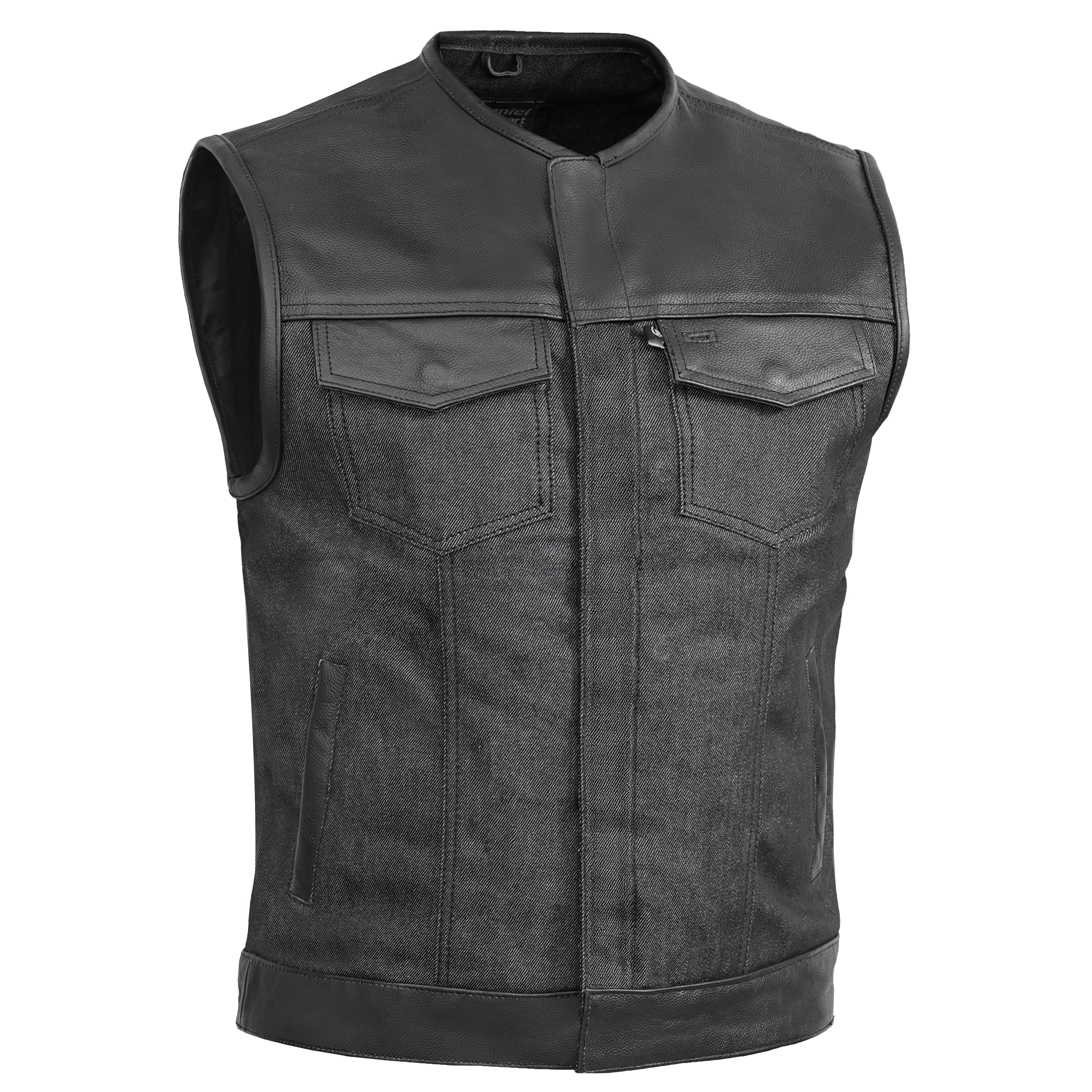 Men's Leather-Denim Combo Motorcycle  Vest - No Collar
