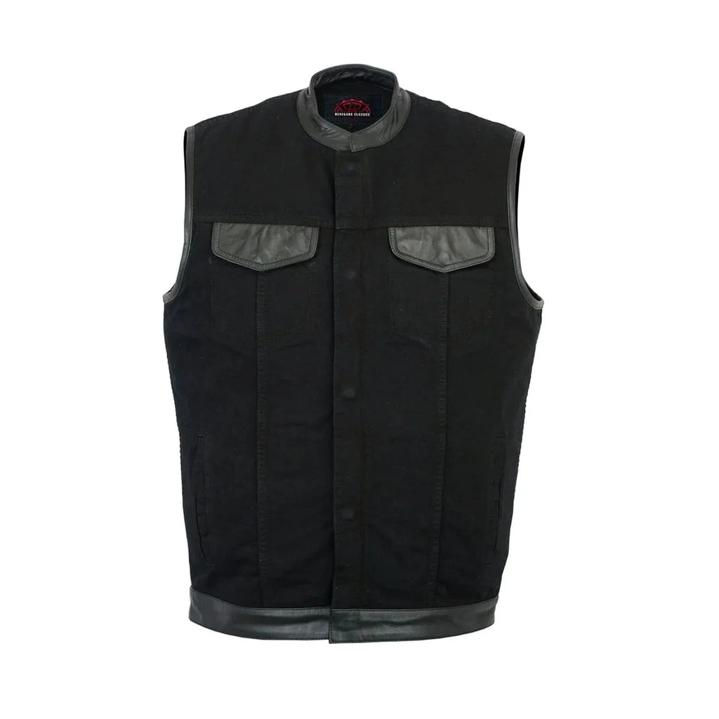 Men's Black Denim Single Panel Concealment Vest W/Leather Trim-