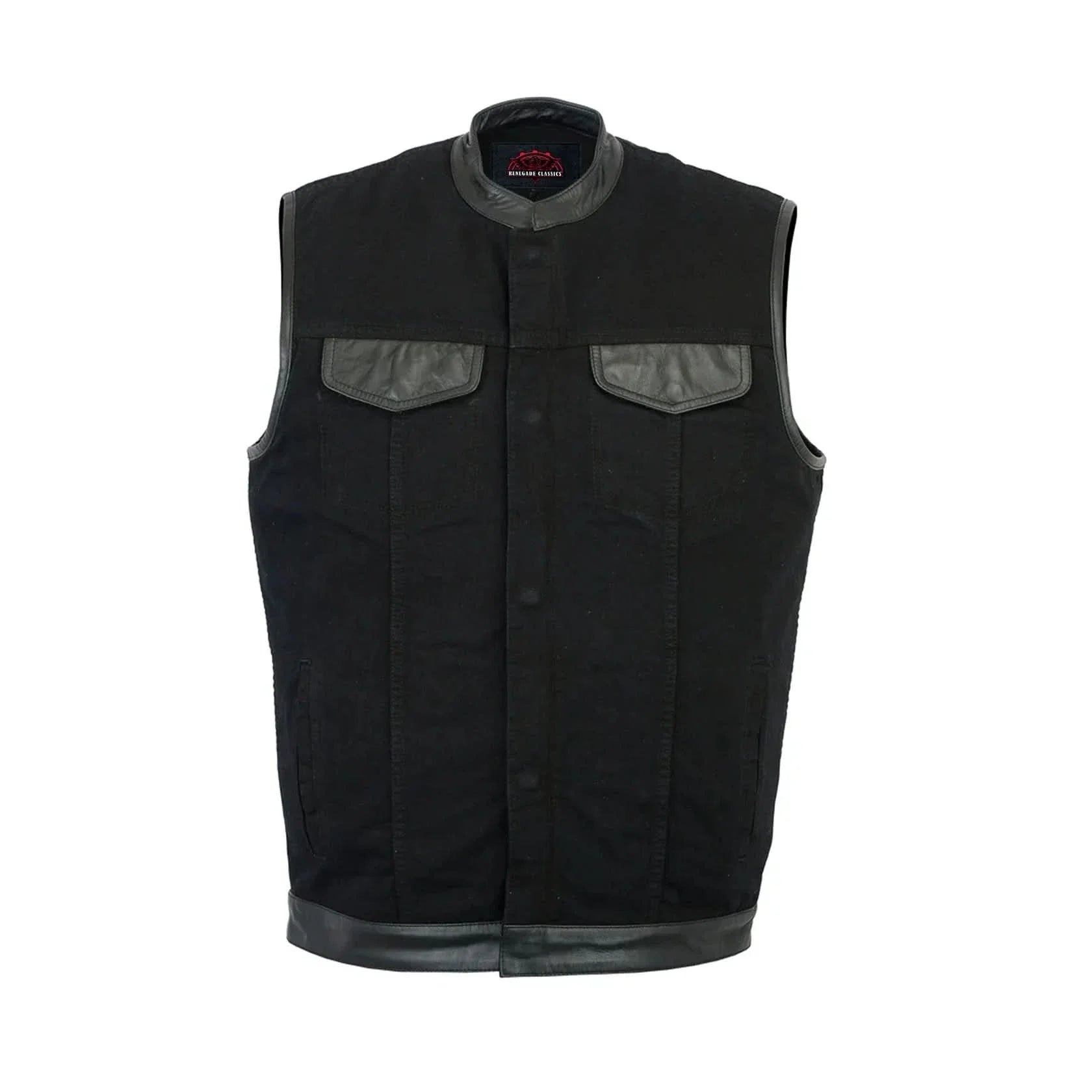 Men's Black Denim Single Panel Concealment Vest W/Leather Trim-