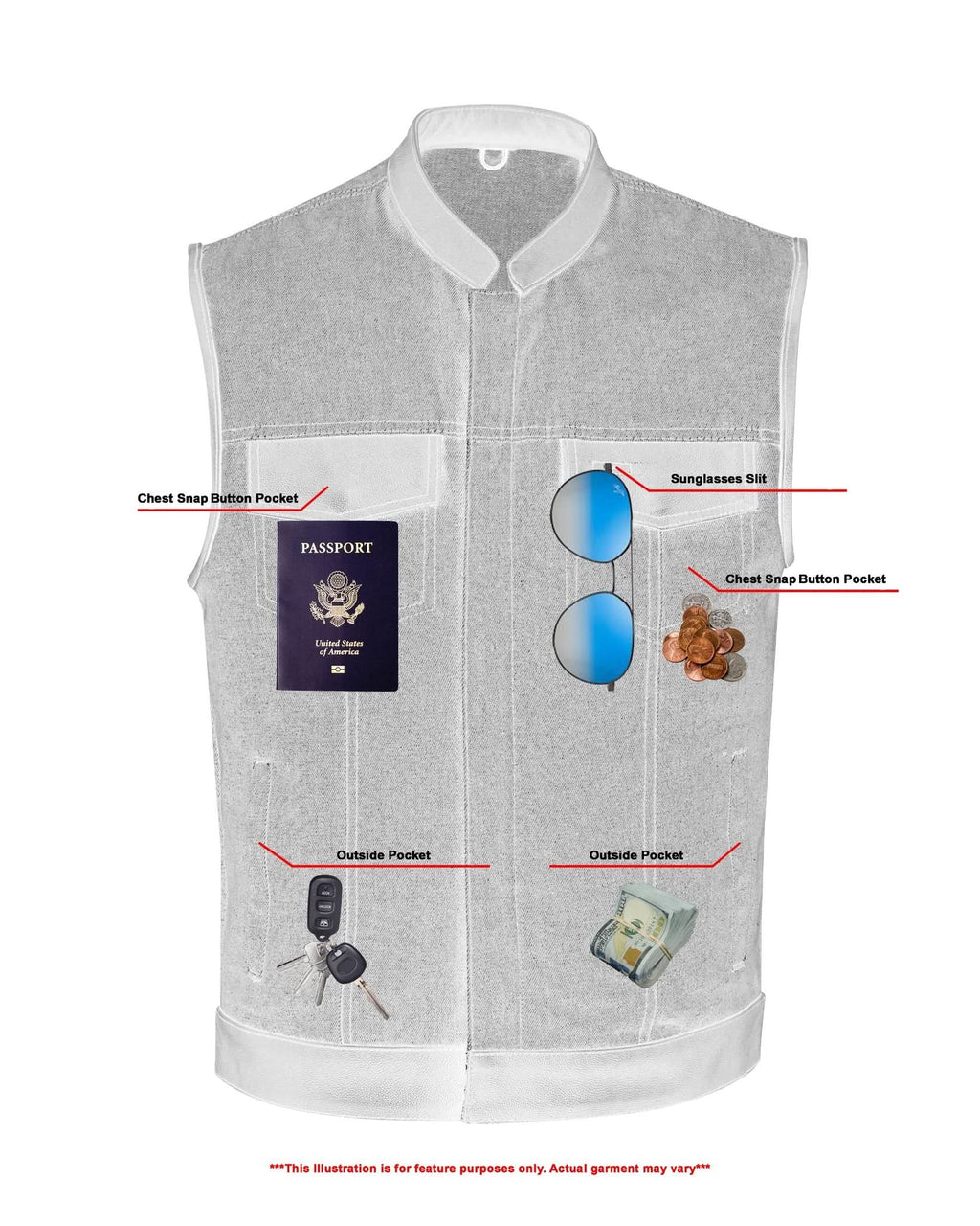 Men's Upgraded Broken Blue Denim Motorcycle Vest w/Leather Trimming