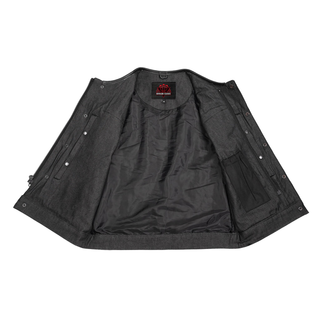 Men's Leather-Denim Combo Motorcycle  Vest - No Collar