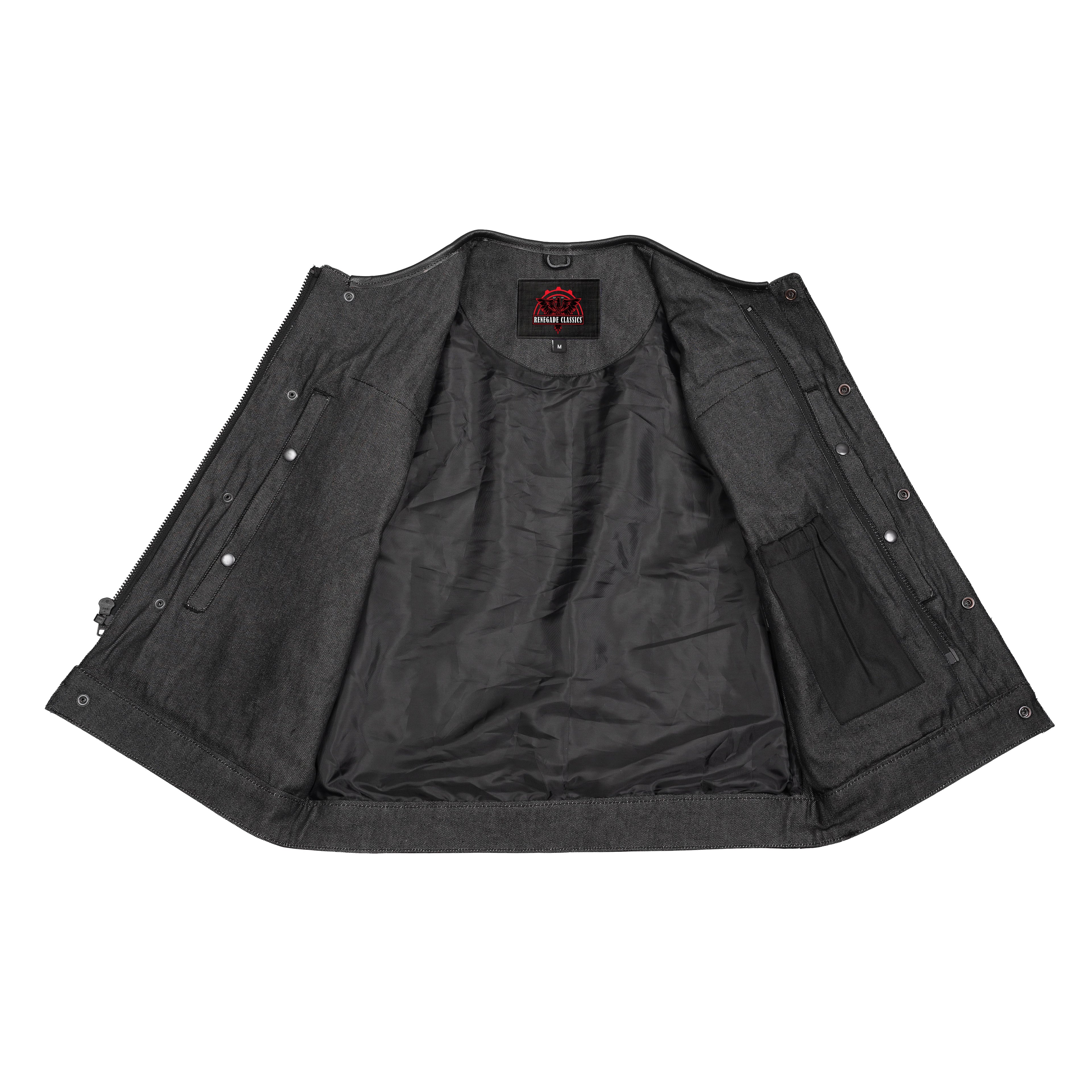 Men's Leather-Denim Combo Motorcycle  Vest - No Collar