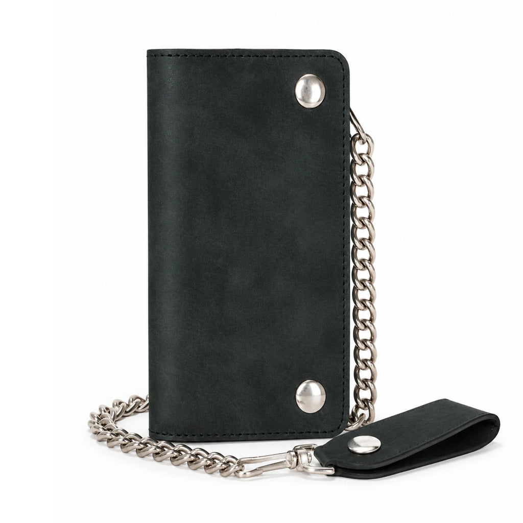 BWC238 Matte Black Biker Leather Wallet with Chain