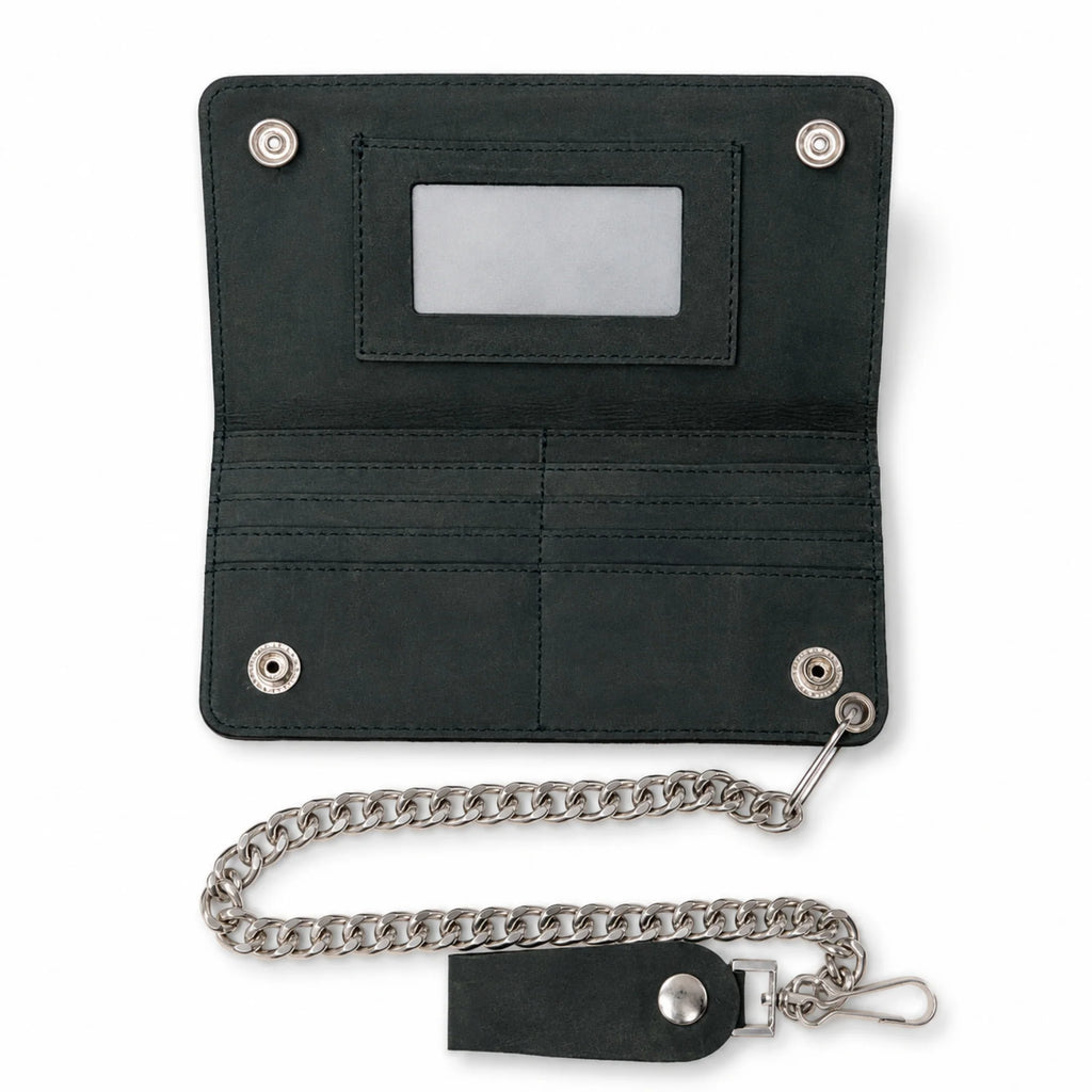 BWC238 Matte Black Biker Leather Wallet with Chain