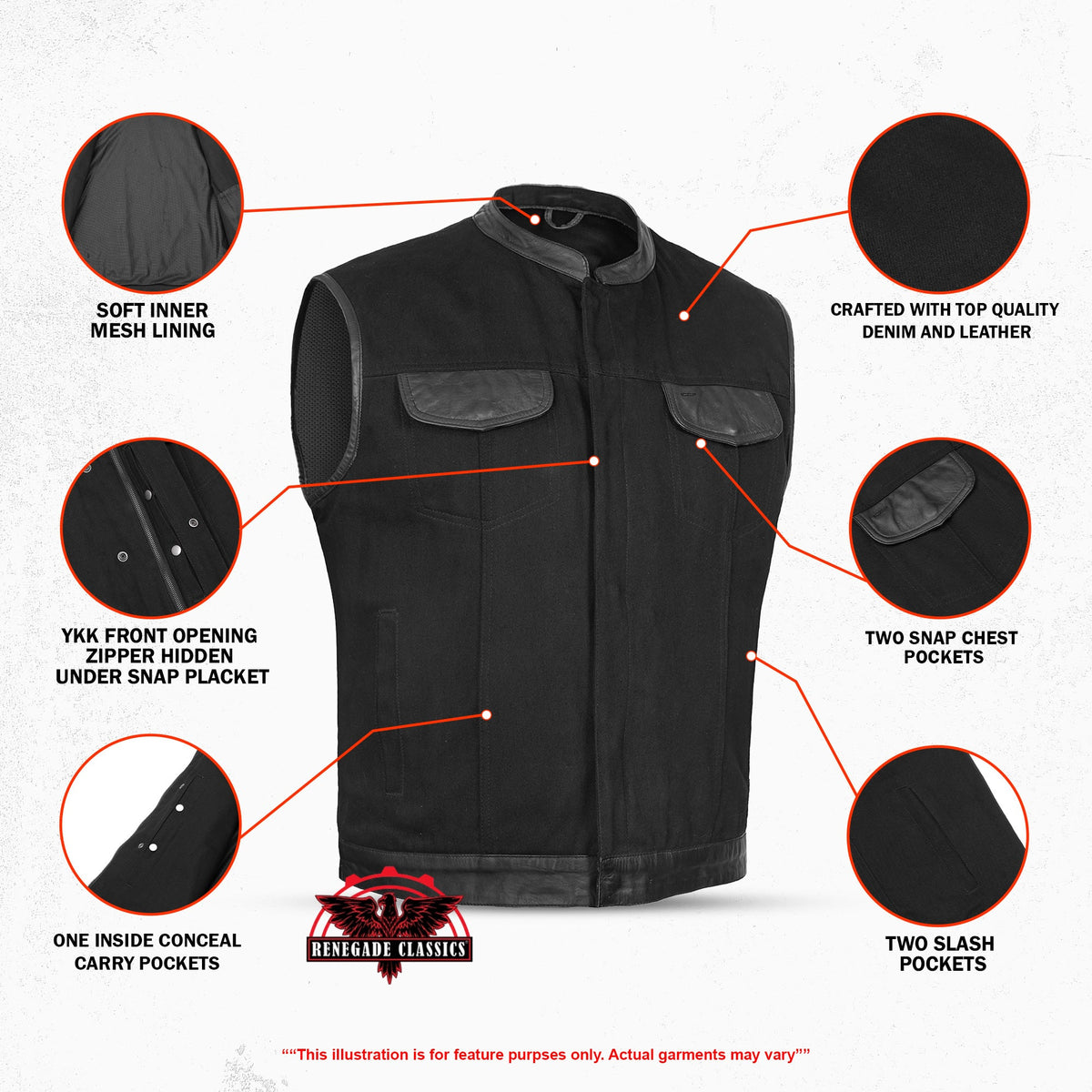 Men's Black Denim Single Panel Concealment Vest W/Leather Trim-