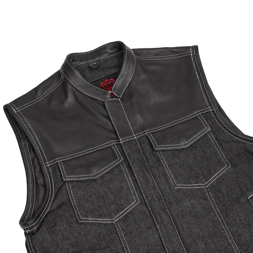 Men's Leather-Denim Combo Motorcycle Vest w/ Scoop Collar