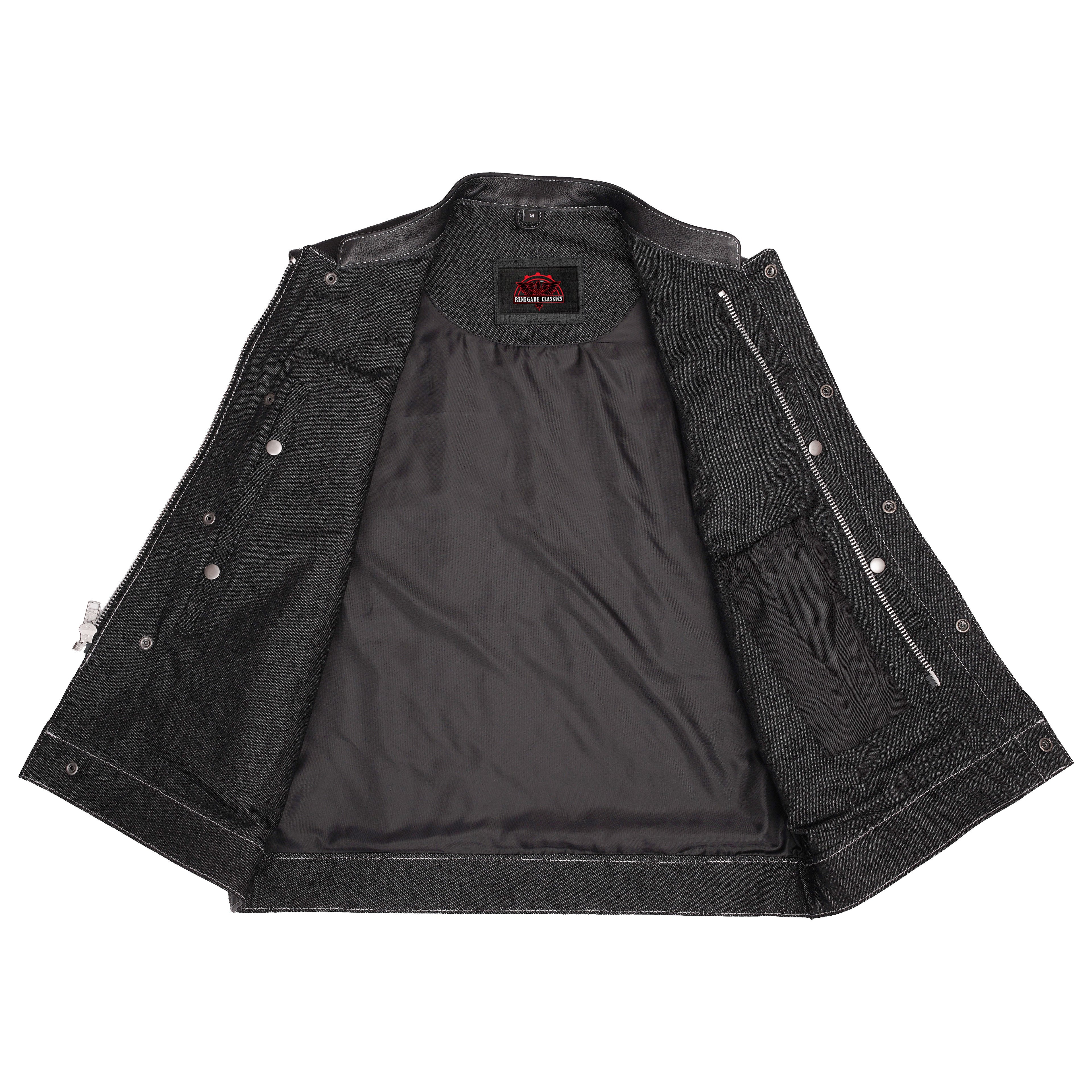 Men's Leather-Denim Combo Motorcycle Vest w/ Scoop Collar