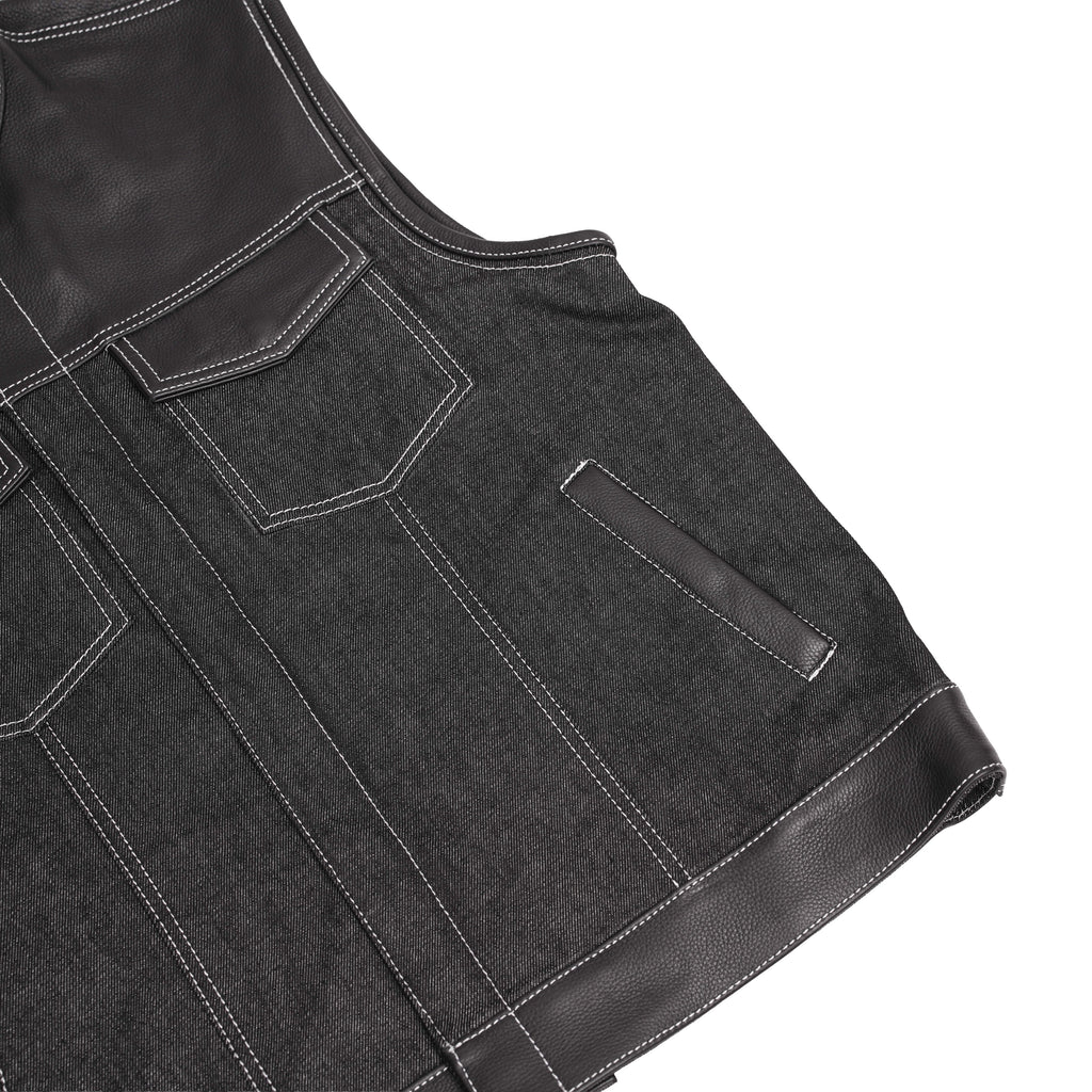 Men's Leather-Denim Combo Motorcycle Vest w/ Scoop Collar
