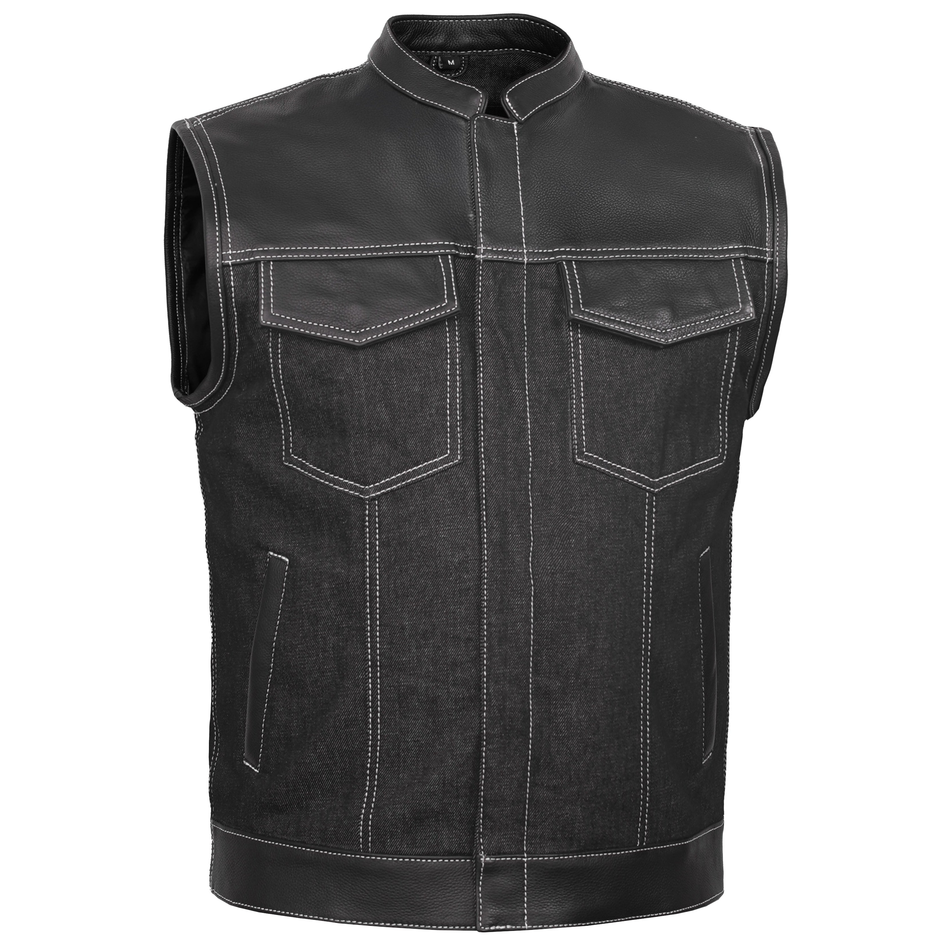 Men's Leather-Denim Combo Motorcycle Vest w/ Scoop Collar