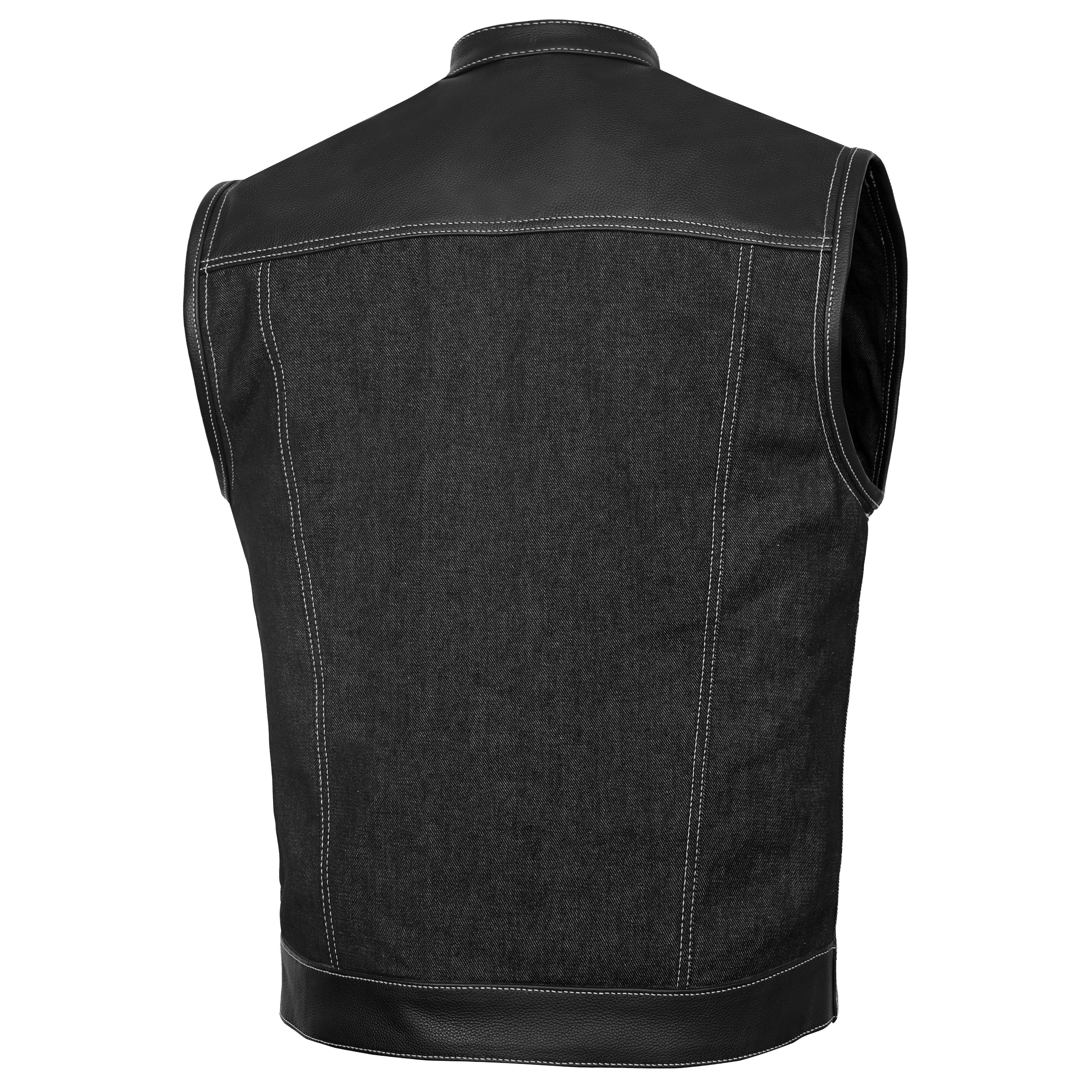 Men's Leather-Denim Combo Motorcycle Vest w/ Scoop Collar