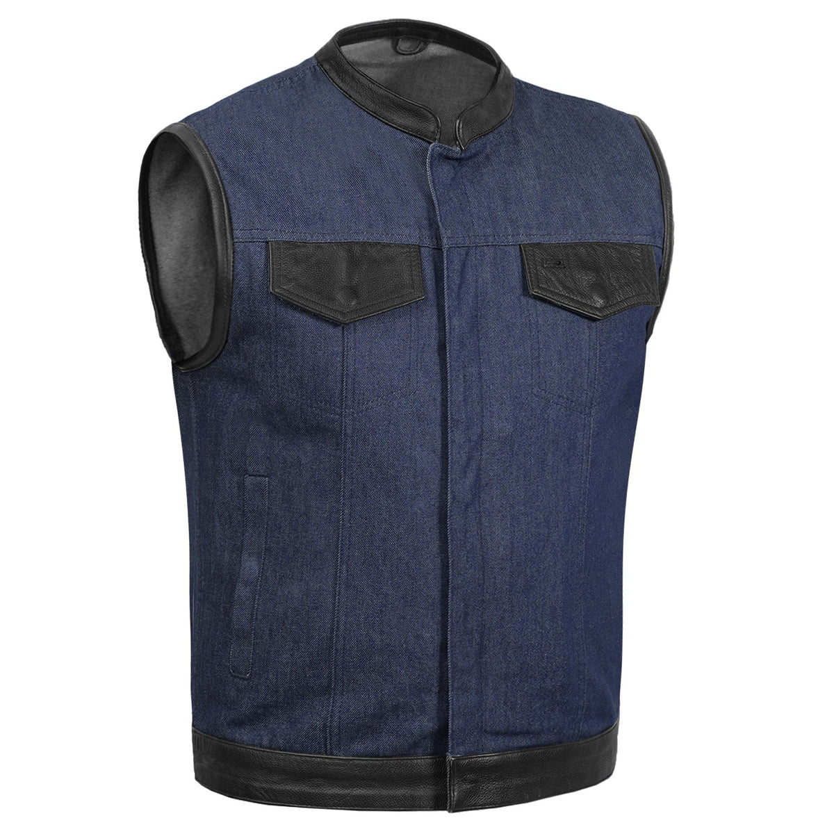 Men's Upgraded Broken Blue Denim Motorcycle Vest w/Leather Trimming