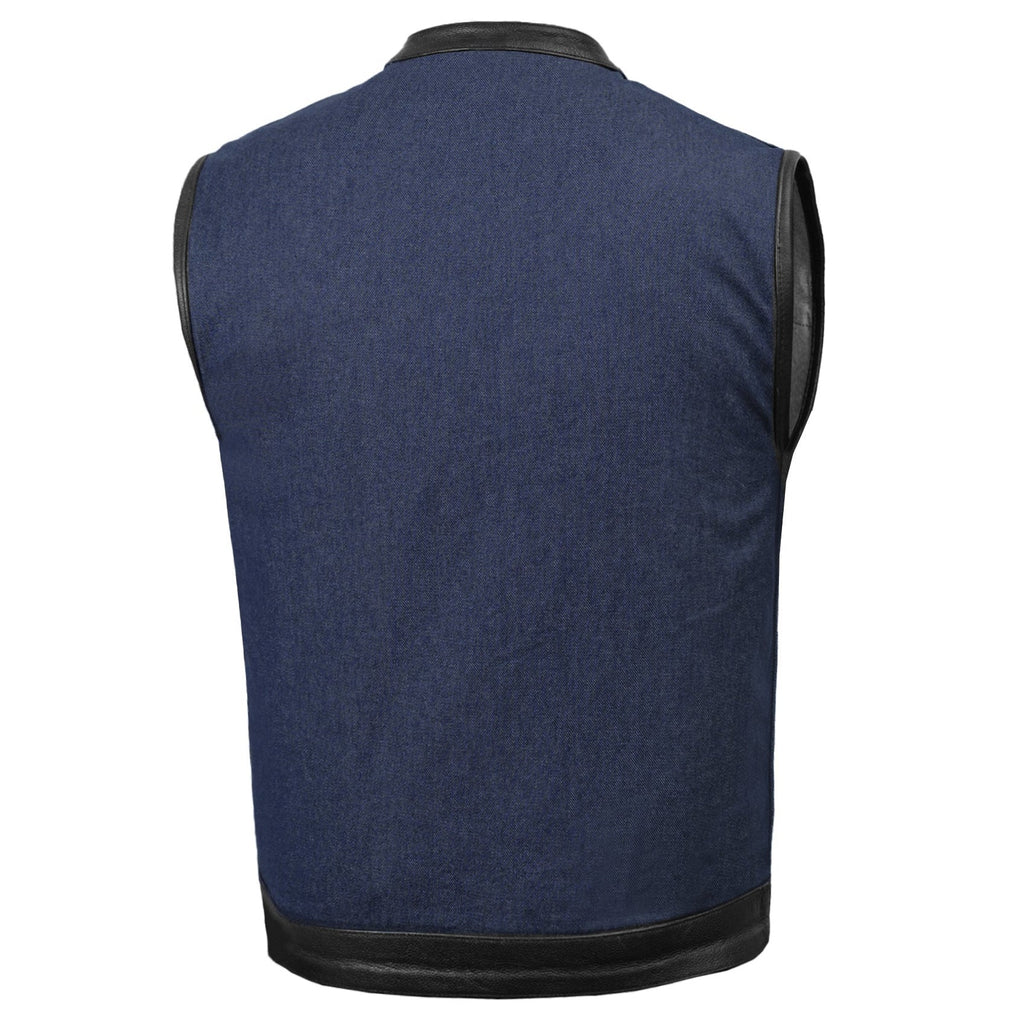 Men's Upgraded Broken Blue Denim Motorcycle Vest w/Leather Trimming