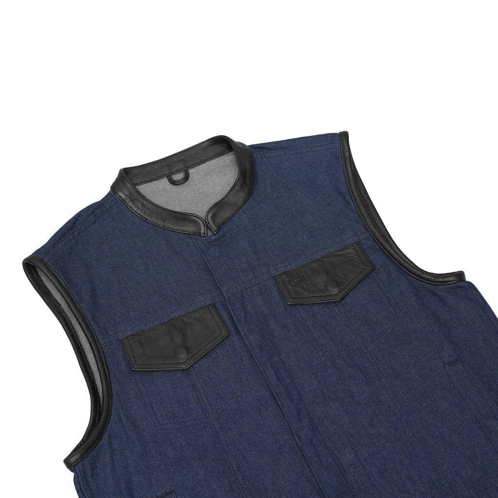 Men's Upgraded Broken Blue Denim Motorcycle Vest w/Leather Trimming