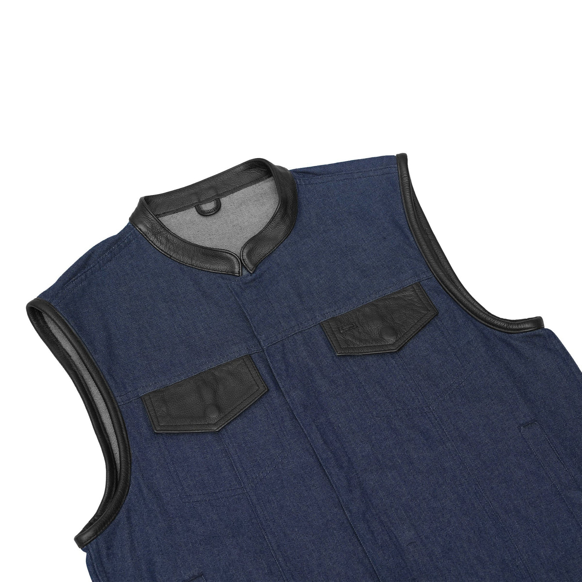 Men's Upgraded Broken Blue Denim Motorcycle Vest w/Leather Trimming