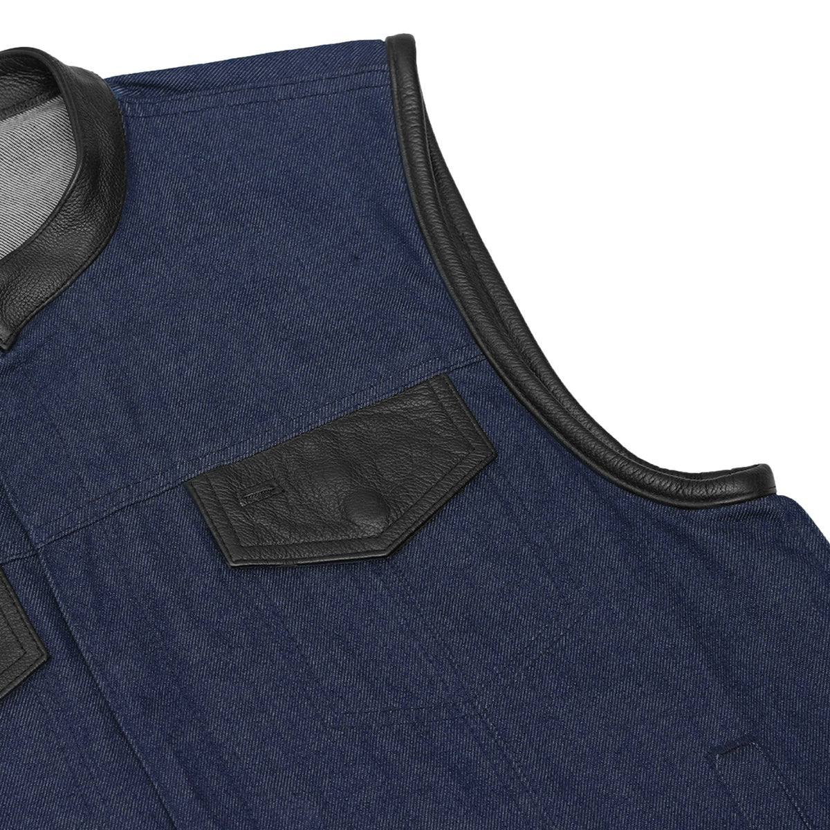 Men's Upgraded Broken Blue Denim Motorcycle Vest w/Leather Trimming