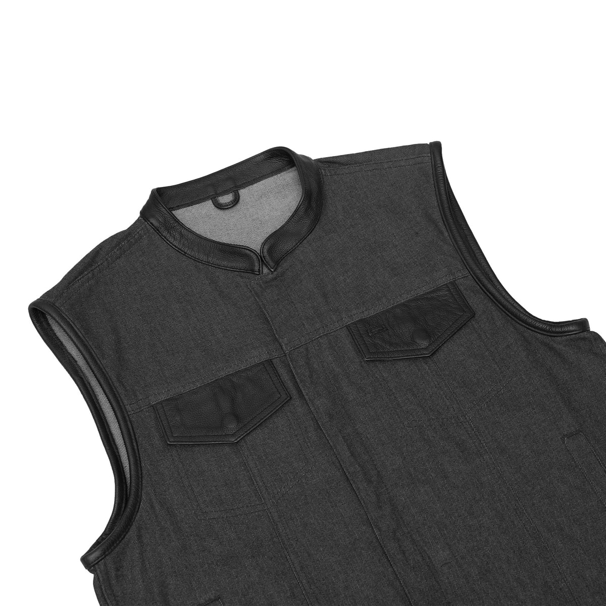Men's Upgraded Rough Rub-Off Denim Motorcycle Vest w/Leather Trim