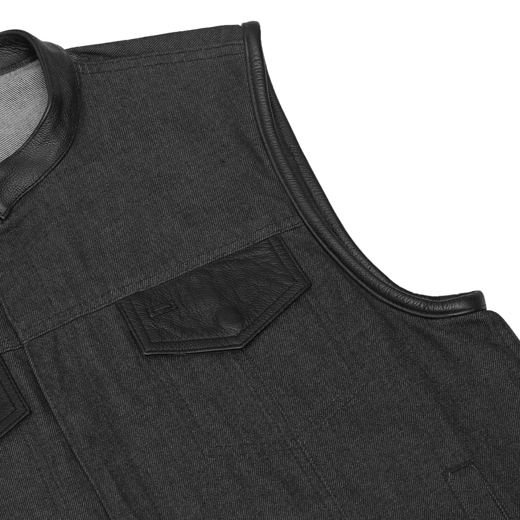 Men's Upgraded Rough Rub-Off Denim Motorcycle Vest w/Leather Trim