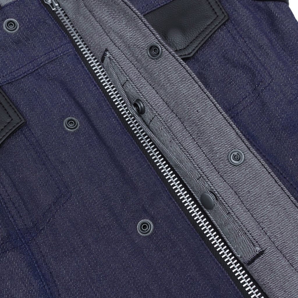 Women's Broken Blue Rough Rub-Off Raw Finish Denim Vest W/Leath