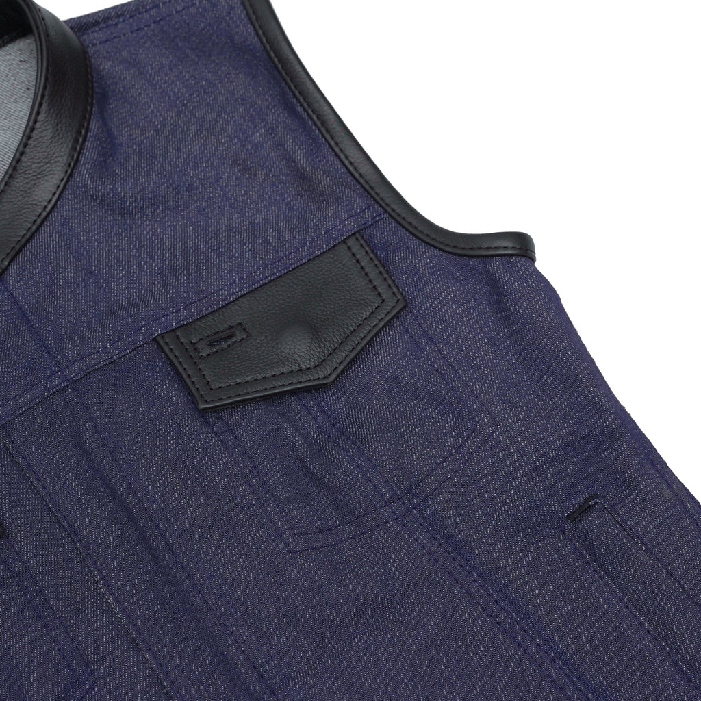Women's Broken Blue Rough Rub-Off Raw Finish Denim Vest W/Leath