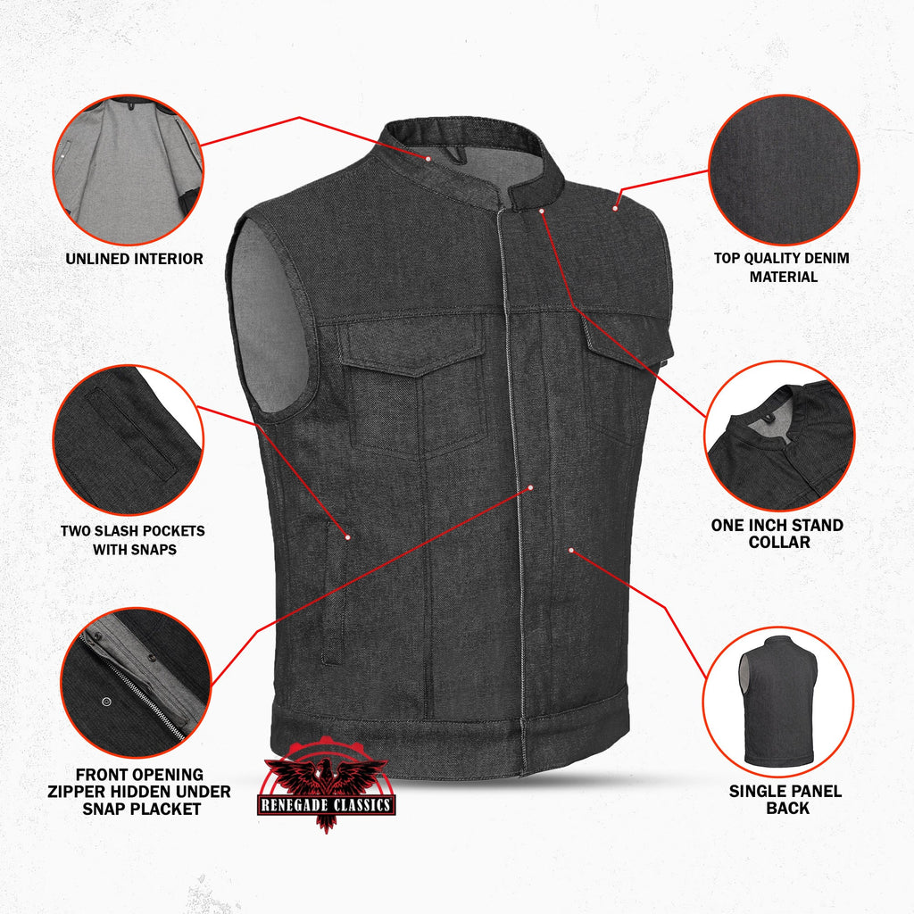 Men's Rough Rub-Off Raw Finish Motorcycle Denim Vest - Black