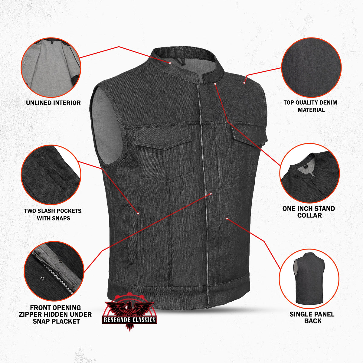 Men's Rough Rub-Off Raw Finish Motorcycle Denim Vest - Black
