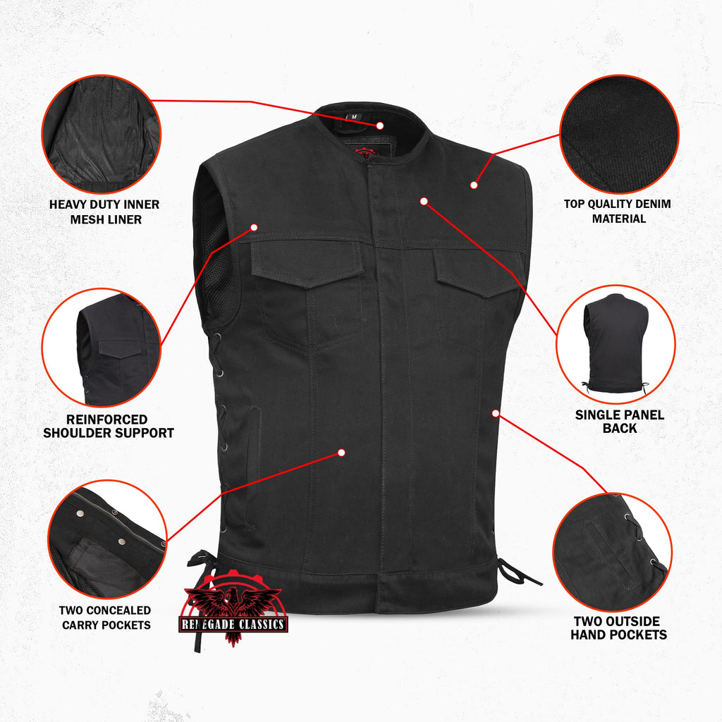 Men's Upgraded All-Black Denim Motorcycle Vest – Smart Access Pockets