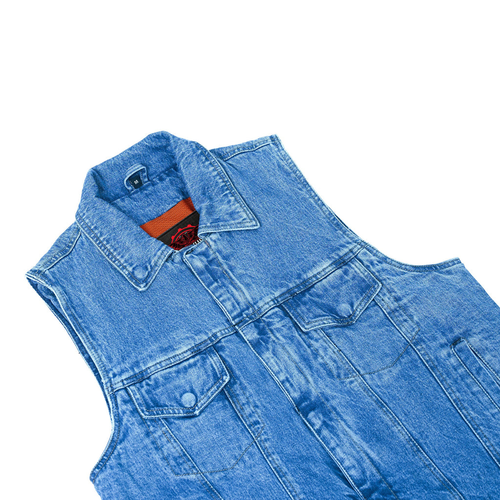 Blue Men's  denim motorcycle vest with Snap/Zipper Front