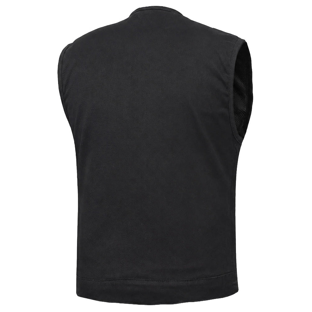 Mens Black Denim Motorcycle Vest with Concealed Snaps & Zipper