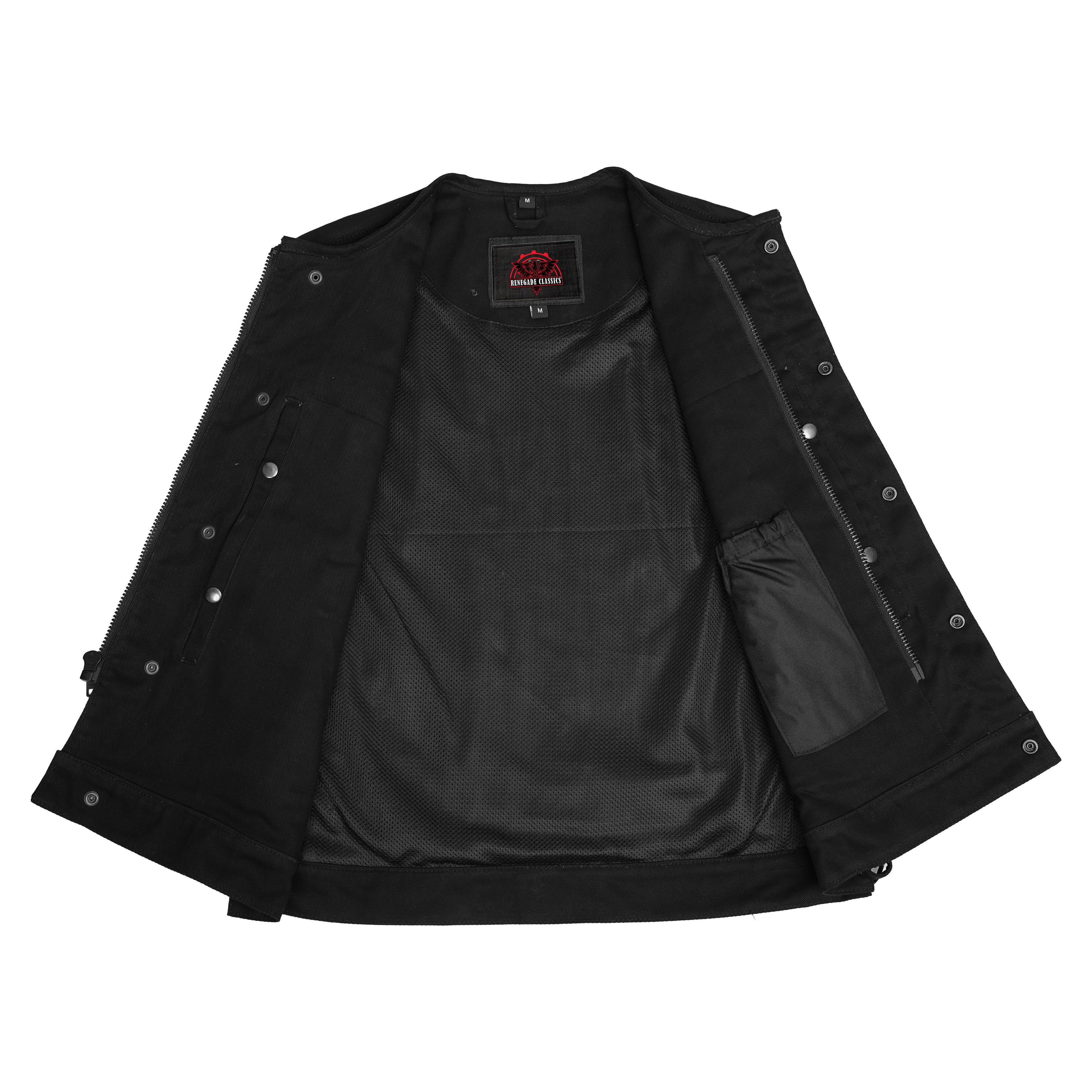 Mens Black Denim Motorcycle Vest with Concealed Snaps & Zipper