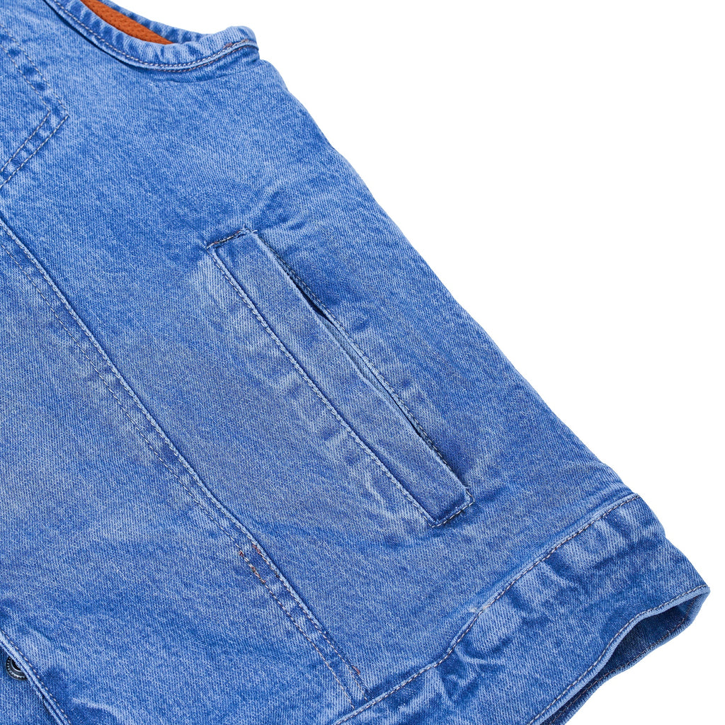 Mens Blue Denim Motorcycle Vest with Concealed Snaps & Zipper