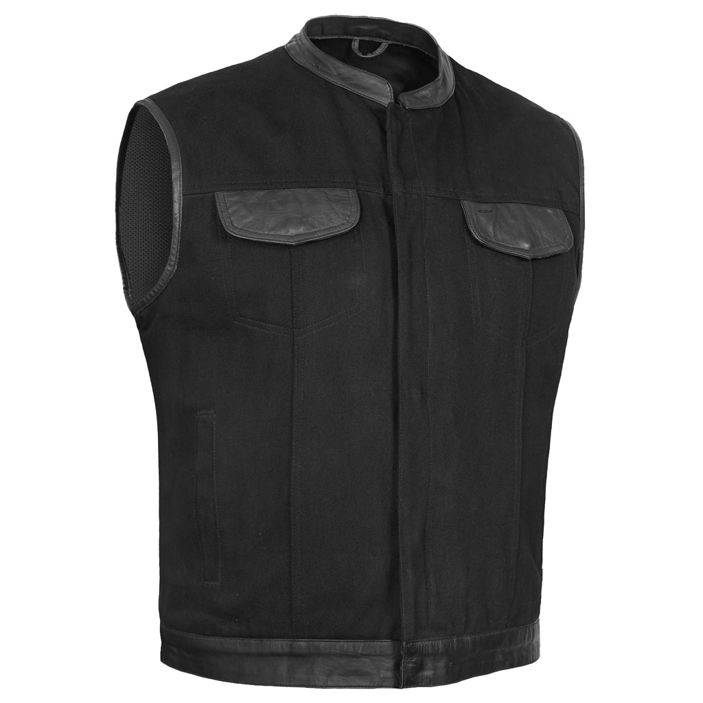 Men's Black Denim Single Panel Concealment Vest W/Leather Trim-
