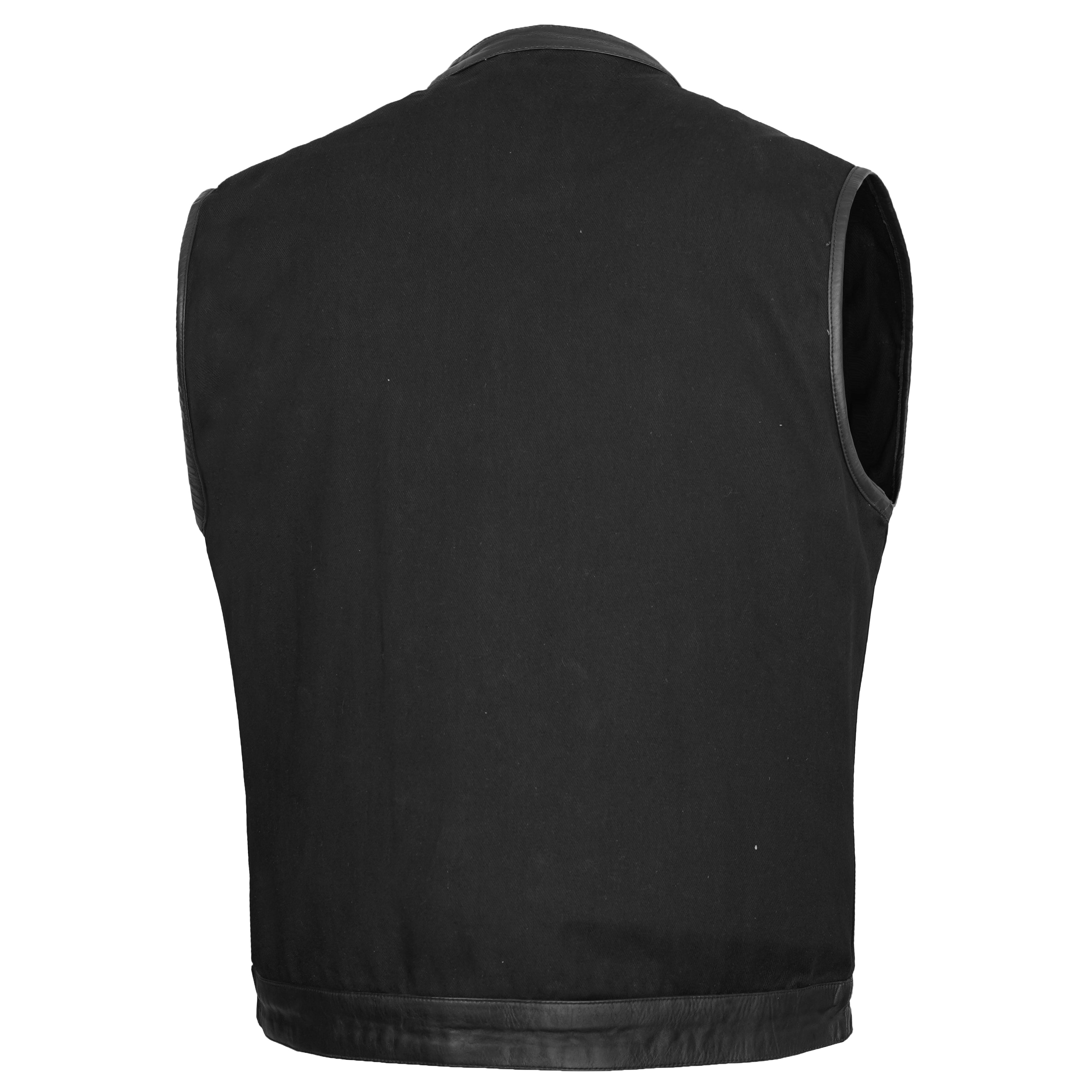 Men's Black Denim Single Panel Concealment Vest W/Leather Trim-