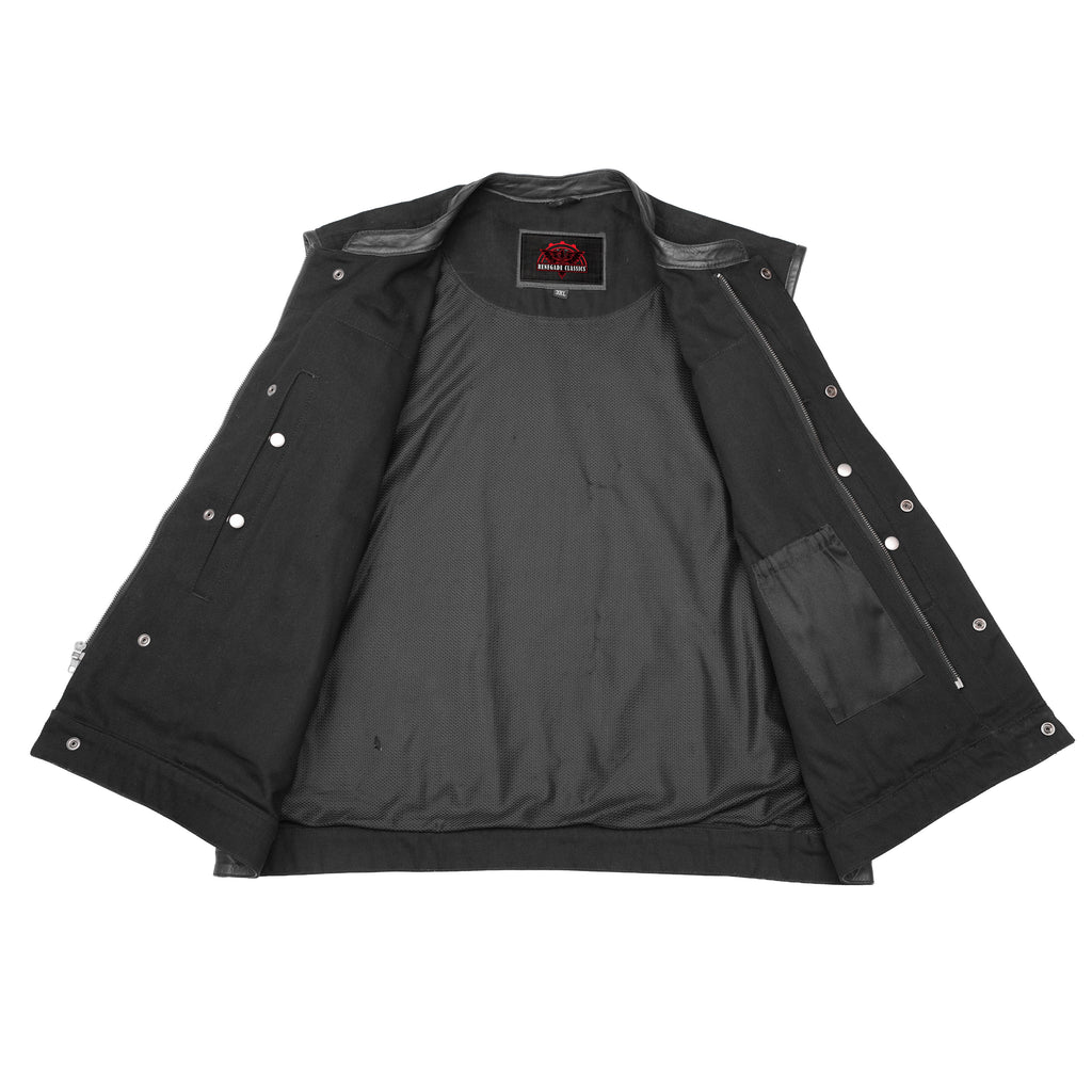 Men's Black Denim Single Panel Concealment Vest W/Leather Trim-