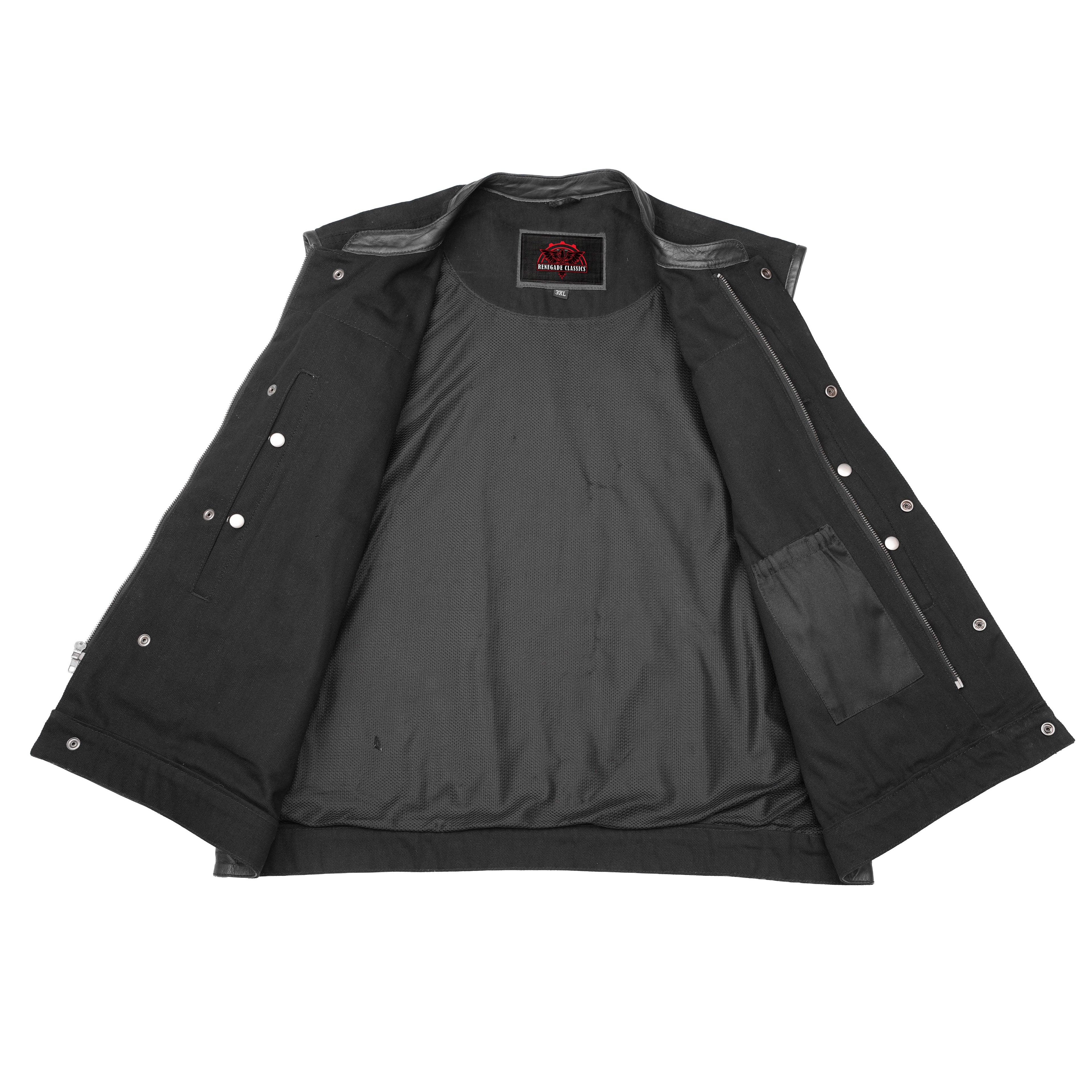Men's Black Denim Single Panel Concealment Vest W/Leather Trim-