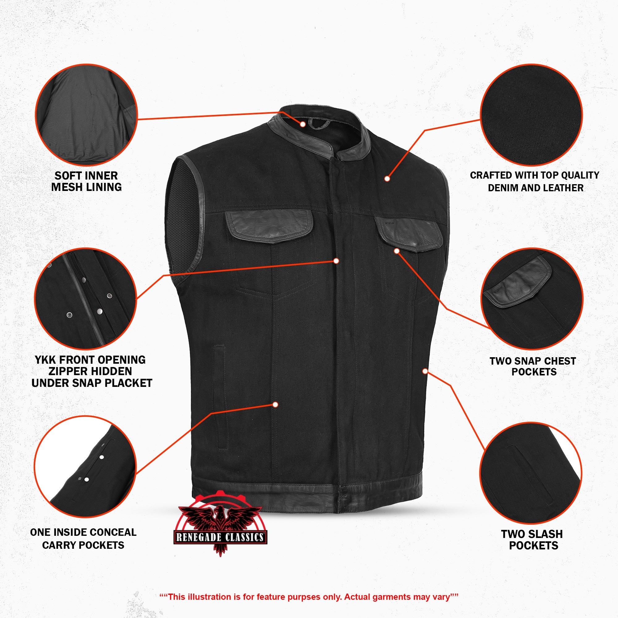 Men's Black Denim Single Panel Concealment Vest W/Leather Trim-