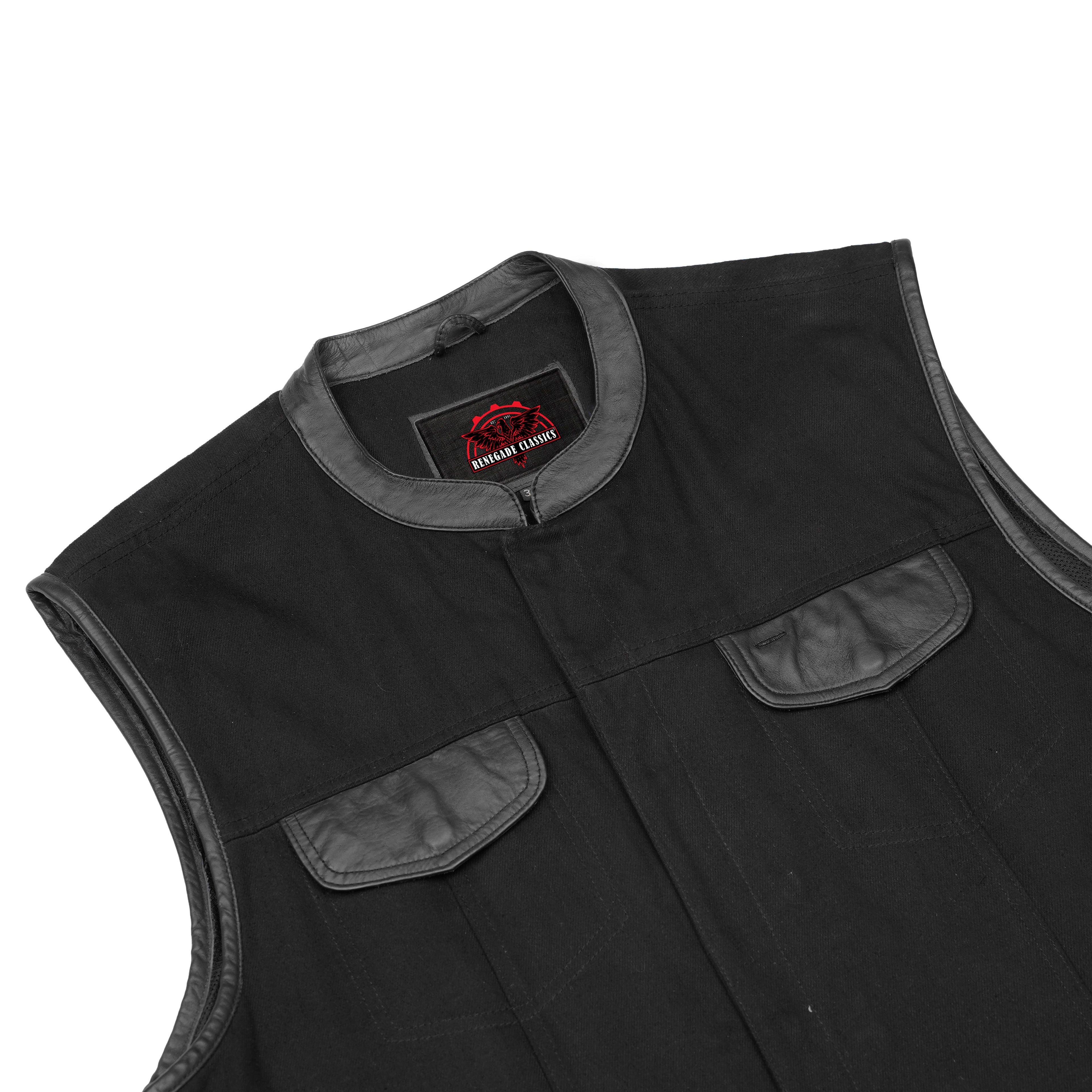 Men's Black Denim Single Panel Concealment Vest W/Leather Trim-