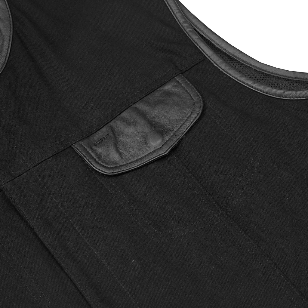 Men's Black Denim Single Panel Concealment Vest W/Leather Trim-