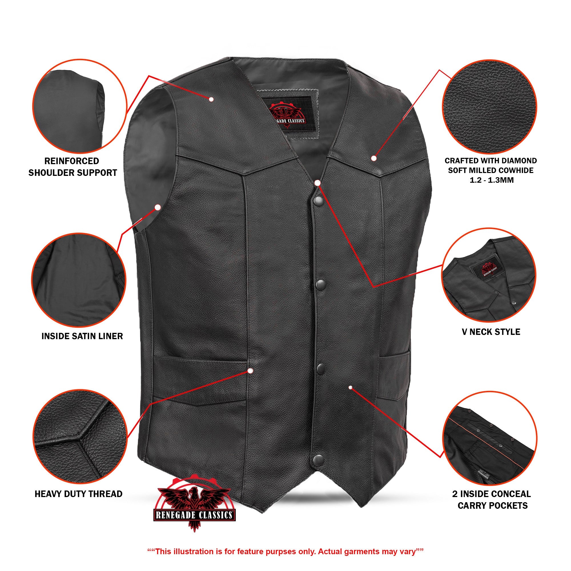 Men's Traditional Leather Motorcycle Vest - Black