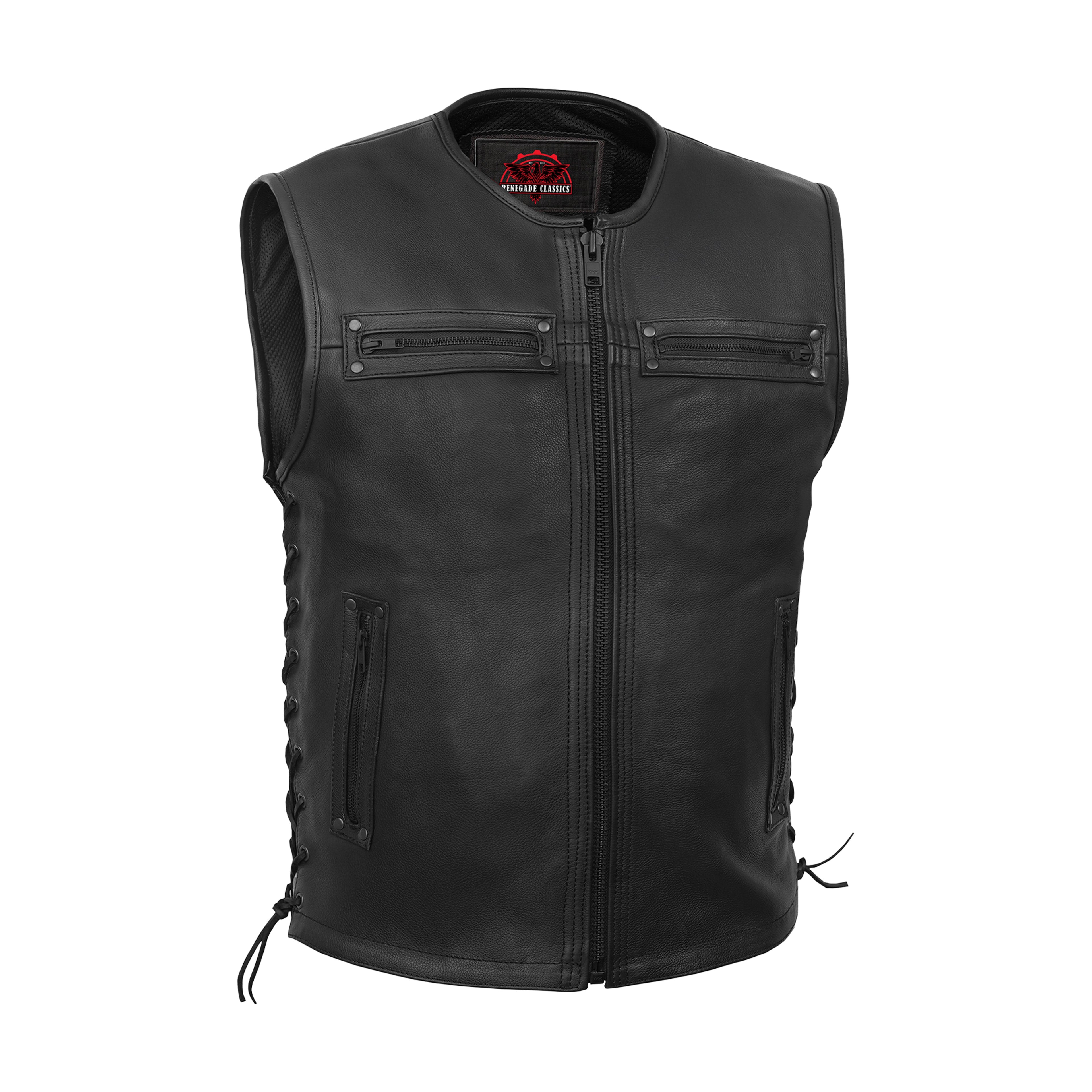 Men's Zipper Front Black Leather Motorcycle Vest