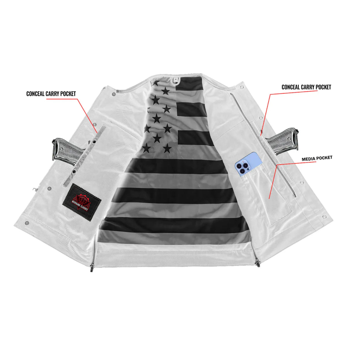Men's Banded Collar leather Vest with USA Flag Lining & Red Stitching