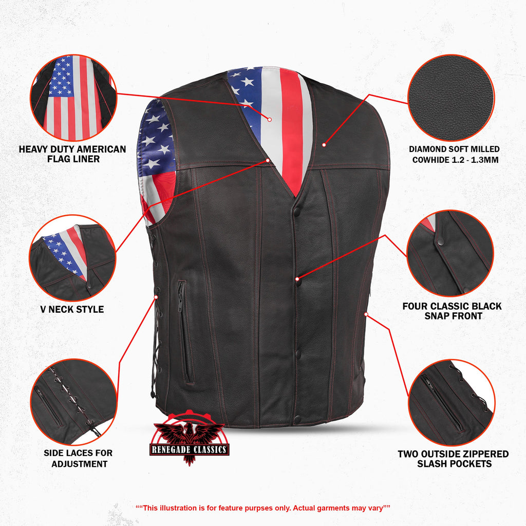 Men's Honor Ride Black Leather Motorcycle with Vest Red Stitching