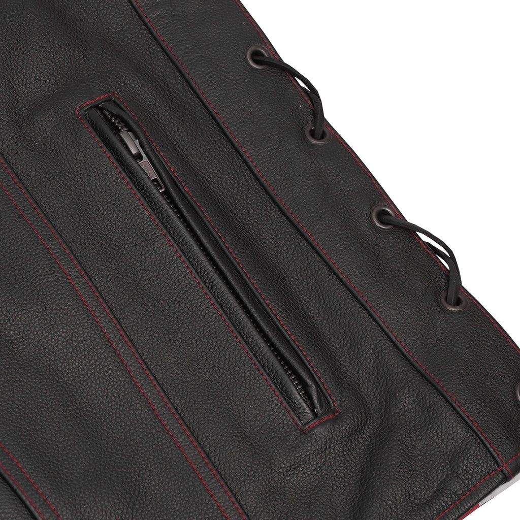 Men's Honor Ride Black Leather Motorcycle with Vest Red Stitching