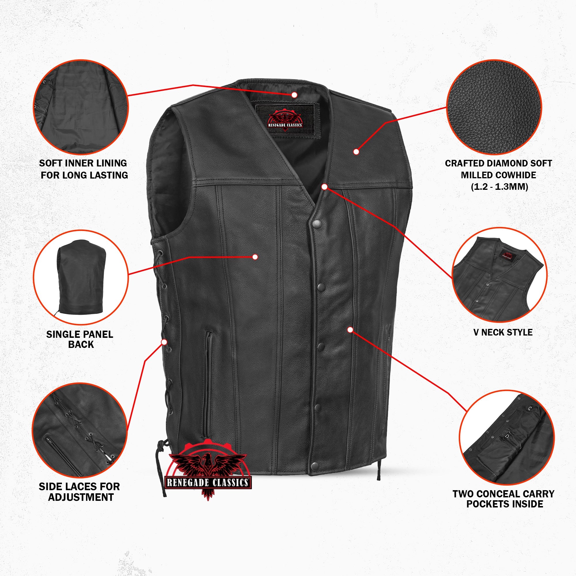 Men's Tall Classic Tapered Bottom Biker Leather Vest- Black