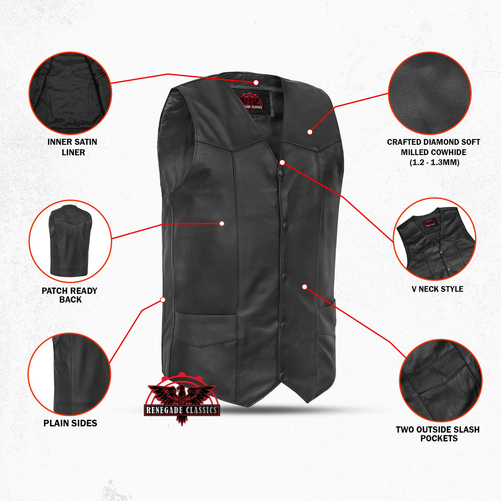 Men's Tall Classic Motorcycle Leather Vest - Black