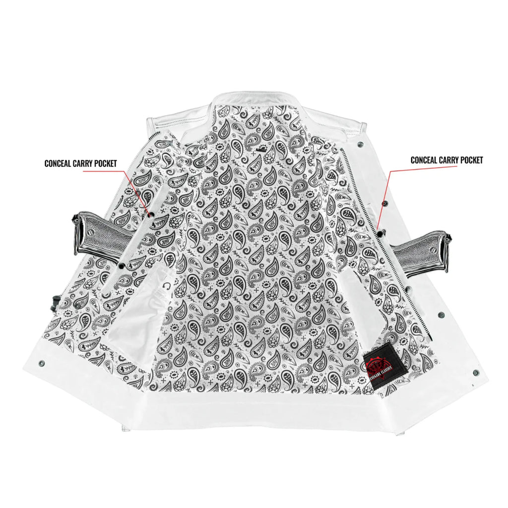 Men's Paisley Black Leather Motorcycle Vest with White Stitching