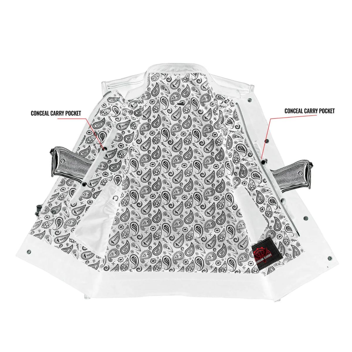 Men's Paisley Black Leather Motorcycle Vest with White Stitching