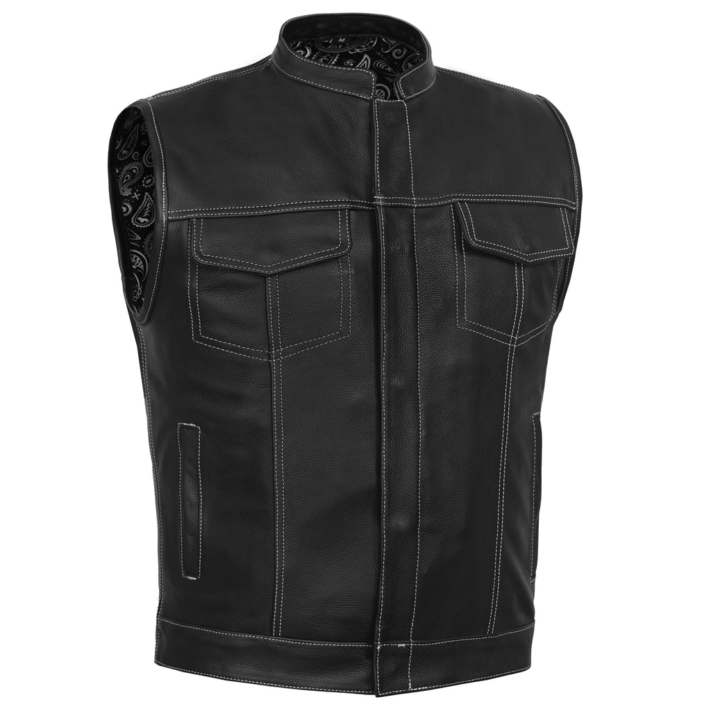 Men's Paisley Black Leather Motorcycle Vest with White Stitching