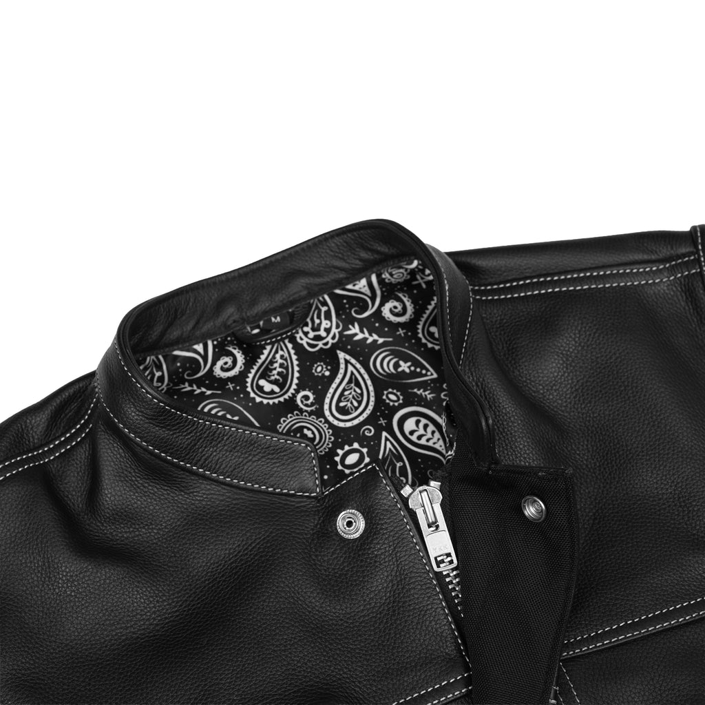 Men's Paisley Black Leather Motorcycle Vest with White Stitching